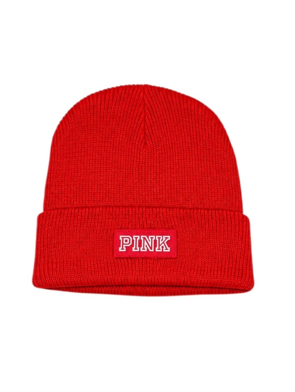 Victoria's Secret PINK Pepper Red Logo Ribbed Knit Winter Beanie Hat Cap NEW